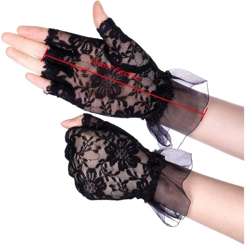 Women's Black Lace Short Floral Halloween Cosplay Dress Up Costume Gloves